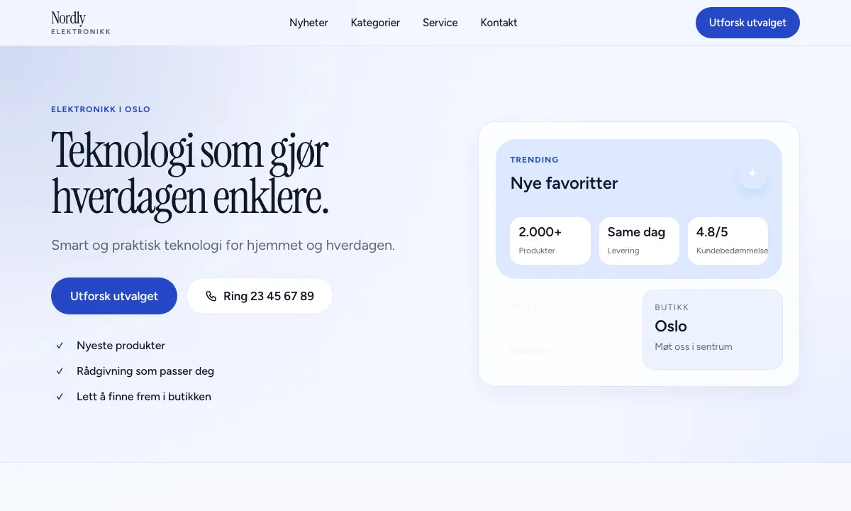 Forsiden til Nordly Elektronikk med moderne produktkort og kategorier